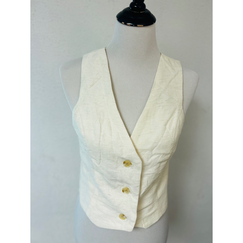 Monteau Los Angeles Cream Linen Blend Button Front Tailored Vest L Juniors